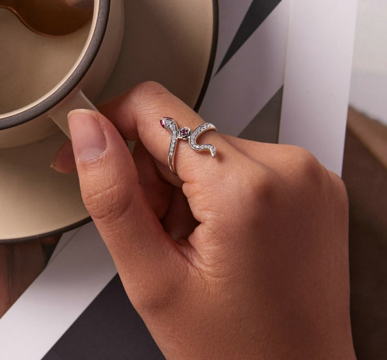 Bague Serpent avec Yeux Roses Femme (Argent)