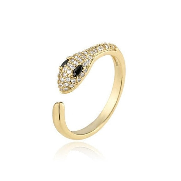 Bague Serpent dorée et fine avec yeux noirs femme